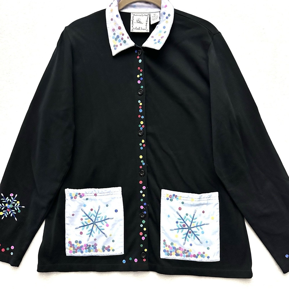 Michael Simon Lite Large L Sequin Embroidered Winter Snowflake Cardigan Top